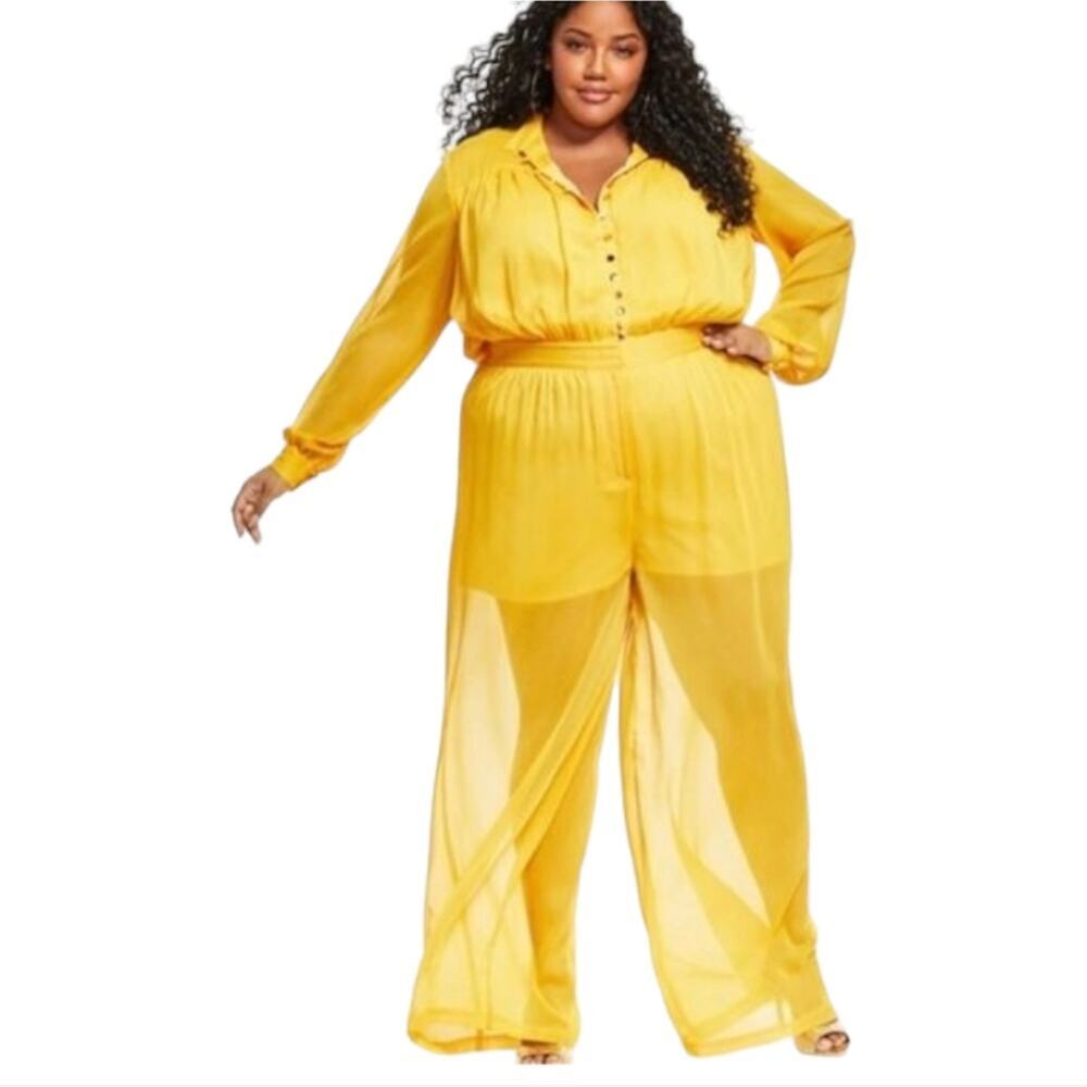 NINA PARKER Trendy Plus Size Golden Yellow Button-Front Wide Leg Jumpsuit 14W